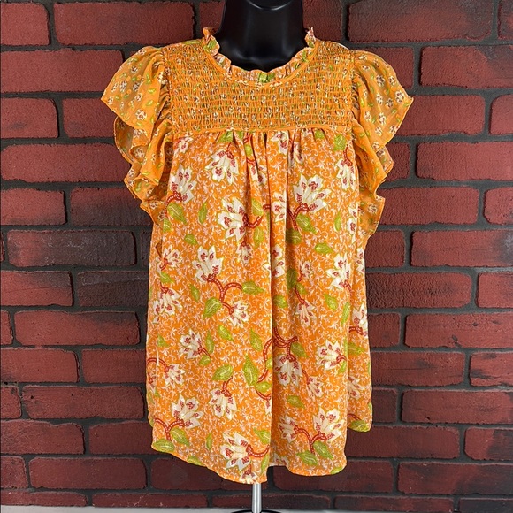 Maison d'Amelie Small Floral Orange and‎ Green Women's Top - Picture 1 of 7